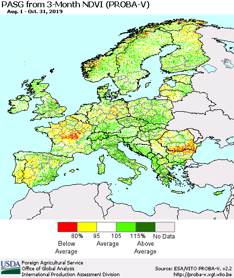 Europe PASG from 3-Month NDVI (PROBA-V) Thematic Map For 10/21/2019 - 10/31/2019
