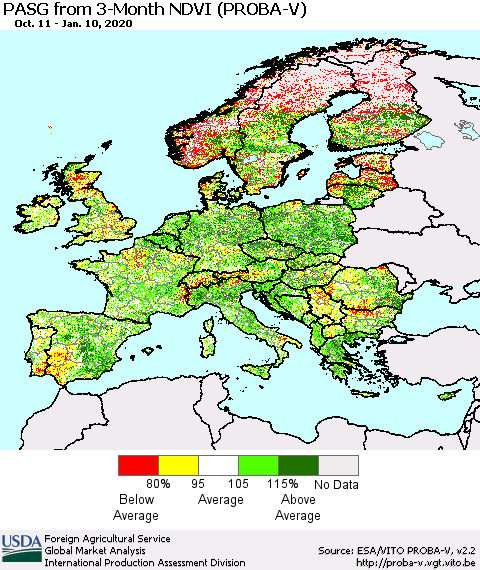 Europe PASG from 3-Month NDVI (PROBA-V) Thematic Map For 1/1/2020 - 1/10/2020