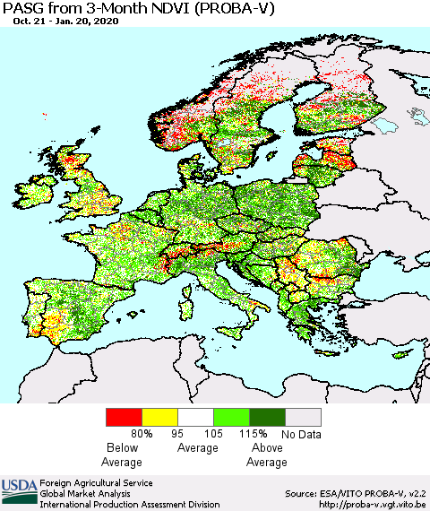 Europe PASG from 3-Month NDVI (PROBA-V) Thematic Map For 1/11/2020 - 1/20/2020