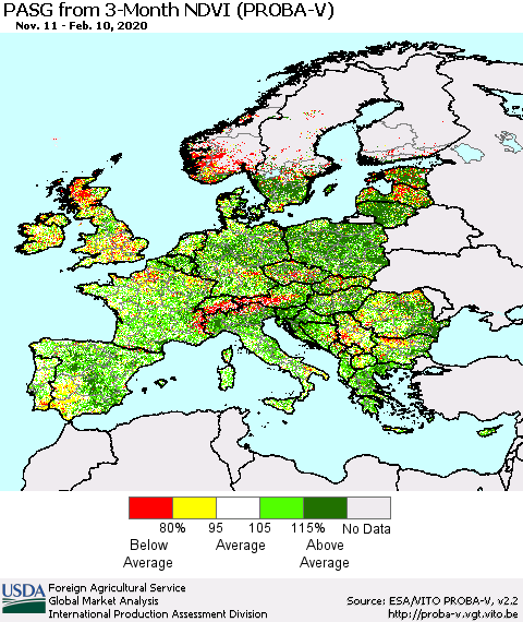 Europe PASG from 3-Month NDVI (PROBA-V) Thematic Map For 2/1/2020 - 2/10/2020