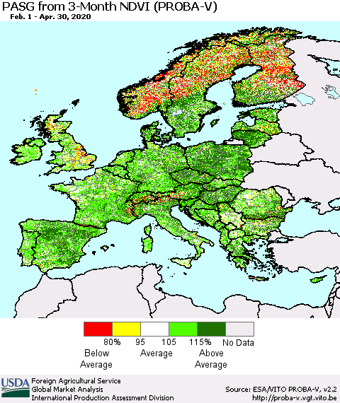 Europe PASG from 3-Month NDVI (PROBA-V) Thematic Map For 4/21/2020 - 4/30/2020