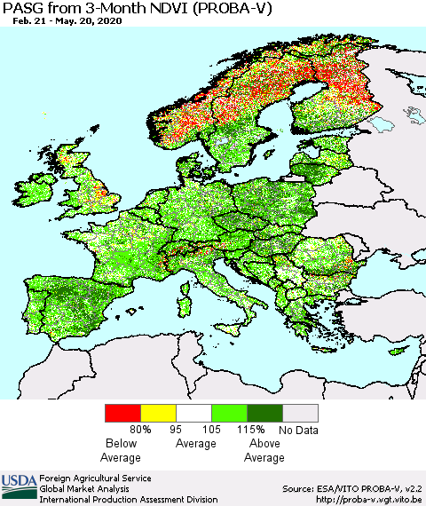 Europe PASG from 3-Month NDVI (PROBA-V) Thematic Map For 5/11/2020 - 5/20/2020