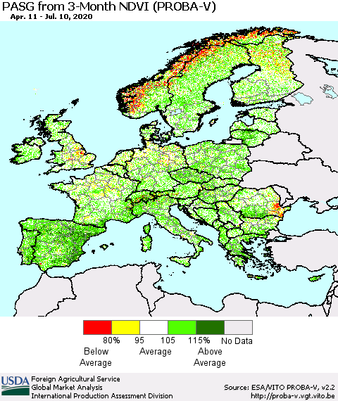 Europe PASG from 3-Month NDVI (PROBA-V) Thematic Map For 7/1/2020 - 7/10/2020