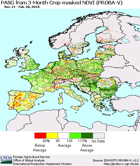 Europe PASG from 3-Month Crop-masked NDVI (PROBA-V) Thematic Map For 2/11/2018 - 2/20/2018