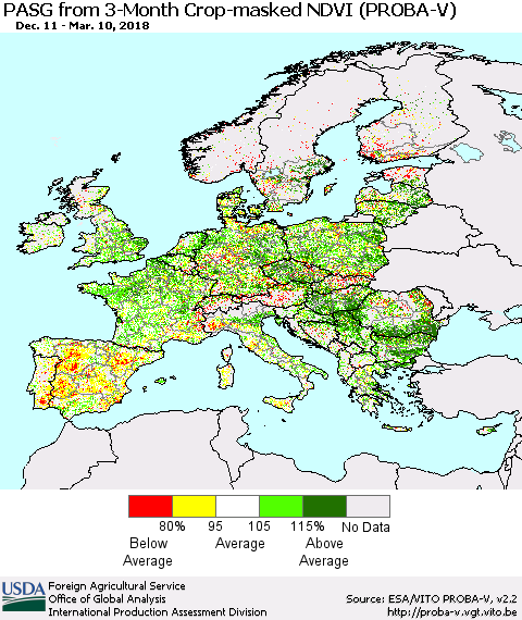 Europe PASG from 3-Month Crop-masked NDVI (PROBA-V) Thematic Map For 3/1/2018 - 3/10/2018