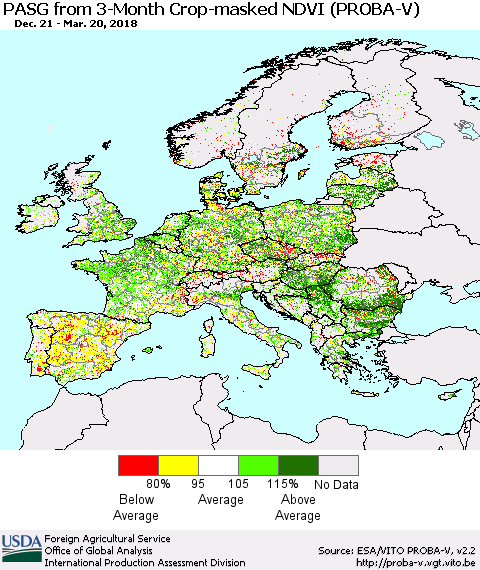 Europe PASG from 3-Month Crop-masked NDVI (PROBA-V) Thematic Map For 3/11/2018 - 3/20/2018