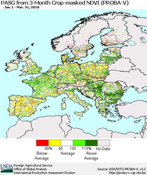 Europe PASG from 3-Month Crop-masked NDVI (PROBA-V) Thematic Map For 3/21/2018 - 3/31/2018