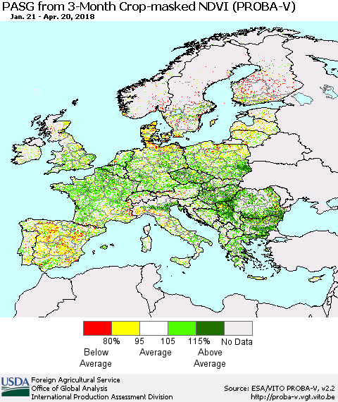 Europe PASG from 3-Month Crop-masked NDVI (PROBA-V) Thematic Map For 4/11/2018 - 4/20/2018
