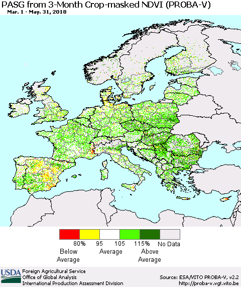 Europe PASG from 3-Month Crop-masked NDVI (PROBA-V) Thematic Map For 5/21/2018 - 5/31/2018