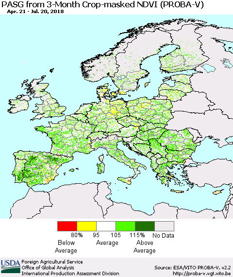 Europe PASG from 3-Month Crop-masked NDVI (PROBA-V) Thematic Map For 7/11/2018 - 7/20/2018