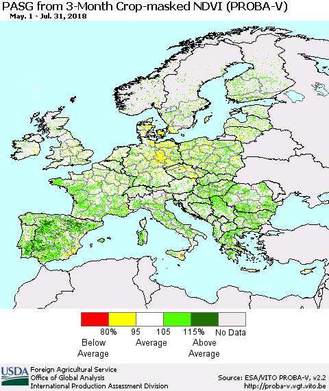 Europe PASG from 3-Month Crop-masked NDVI (PROBA-V) Thematic Map For 7/21/2018 - 7/31/2018