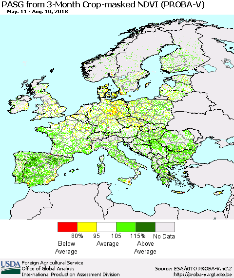 Europe PASG from 3-Month Crop-masked NDVI (PROBA-V) Thematic Map For 8/1/2018 - 8/10/2018