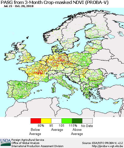Europe PASG from 3-Month Crop-masked NDVI (PROBA-V) Thematic Map For 10/11/2018 - 10/20/2018