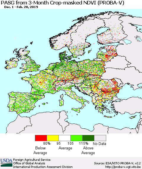 Europe PASG from 3-Month Crop-masked NDVI (PROBA-V) Thematic Map For 2/21/2019 - 2/28/2019