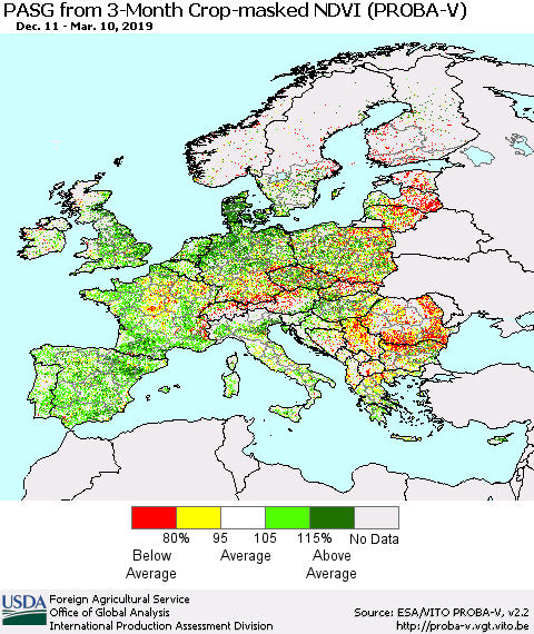 Europe PASG from 3-Month Crop-masked NDVI (PROBA-V) Thematic Map For 3/1/2019 - 3/10/2019