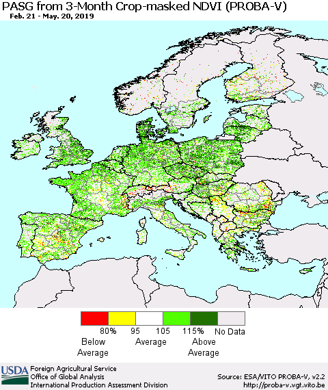 Europe PASG from 3-Month Crop-masked NDVI (PROBA-V) Thematic Map For 5/11/2019 - 5/20/2019
