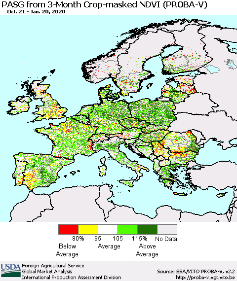 Europe PASG from 3-Month Crop-masked NDVI (PROBA-V) Thematic Map For 1/11/2020 - 1/20/2020