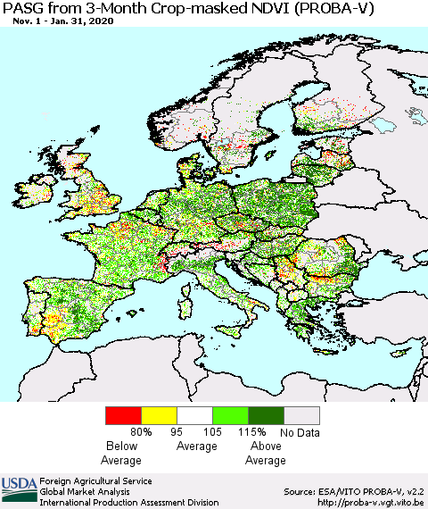 Europe PASG from 3-Month Crop-masked NDVI (PROBA-V) Thematic Map For 1/21/2020 - 1/31/2020