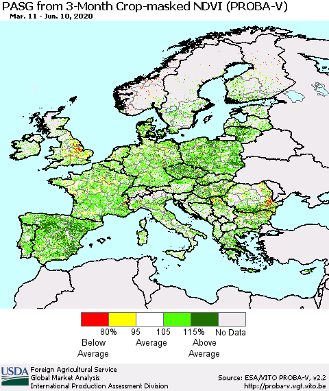 Europe PASG from 3-Month Crop-masked NDVI (PROBA-V) Thematic Map For 6/1/2020 - 6/10/2020