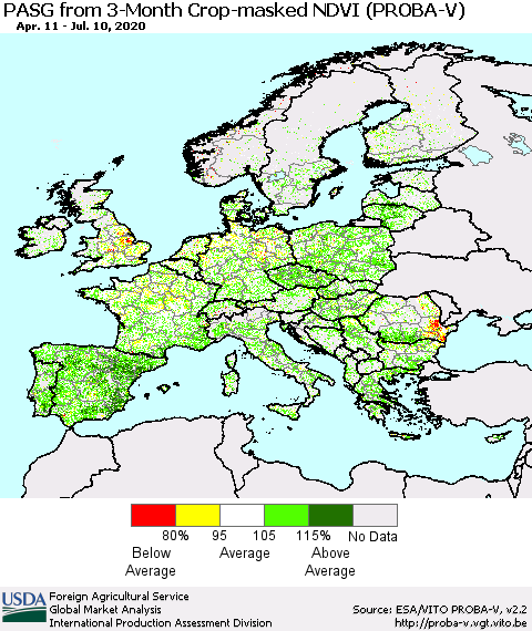 Europe PASG from 3-Month Crop-masked NDVI (PROBA-V) Thematic Map For 7/1/2020 - 7/10/2020