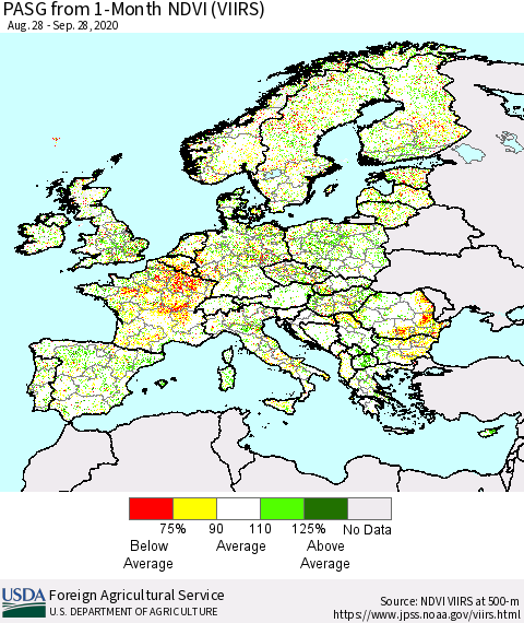 Europe PASG from 1-Month NDVI (VIIRS) Thematic Map For 9/21/2020 - 9/30/2020