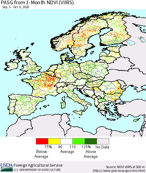 Europe PASG from 1-Month NDVI (VIIRS) Thematic Map For 10/1/2020 - 10/10/2020