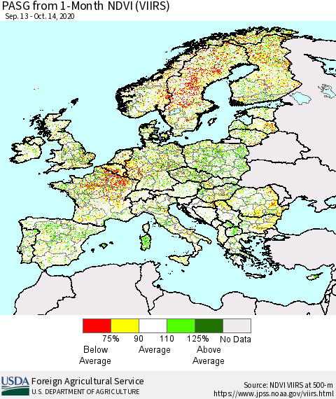 Europe PASG from 1-Month NDVI (VIIRS) Thematic Map For 10/11/2020 - 10/20/2020