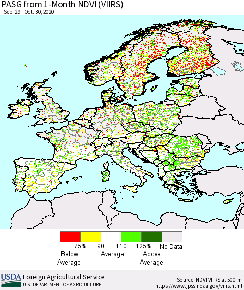 Europe PASG from 1-Month NDVI (VIIRS) Thematic Map For 10/21/2020 - 10/31/2020