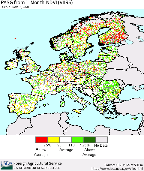 Europe PASG from 1-Month NDVI (VIIRS) Thematic Map For 11/1/2020 - 11/10/2020