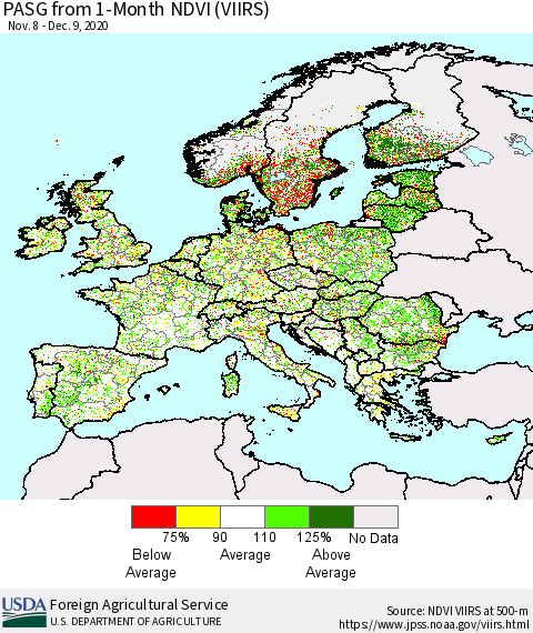 Europe PASG from 1-Month NDVI (VIIRS) Thematic Map For 12/1/2020 - 12/10/2020