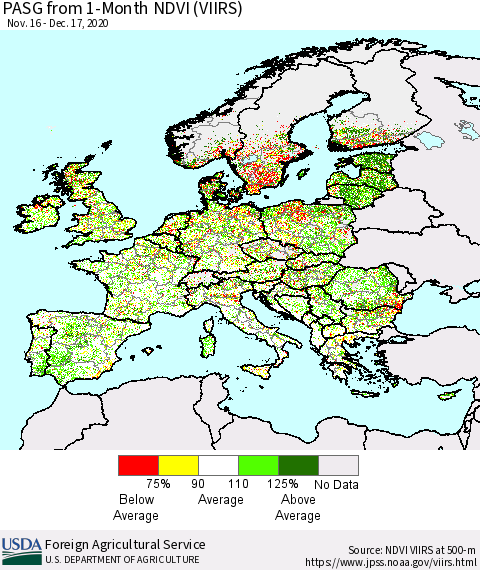 Europe PASG from 1-Month NDVI (VIIRS) Thematic Map For 12/11/2020 - 12/20/2020
