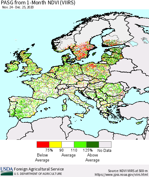 Europe PASG from 1-Month NDVI (VIIRS) Thematic Map For 12/21/2020 - 12/31/2020