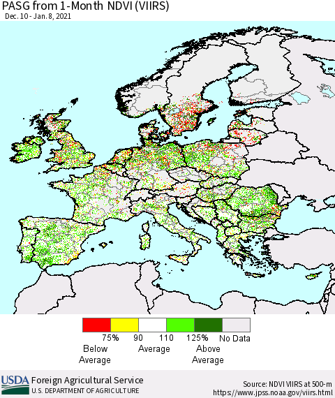 Europe PASG from 1-Month NDVI (VIIRS) Thematic Map For 1/1/2021 - 1/10/2021