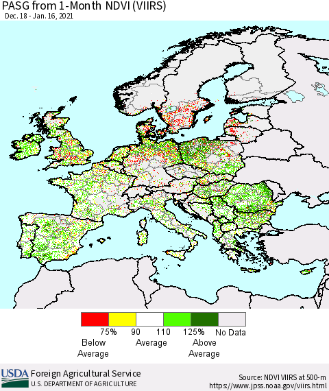 Europe PASG from 1-Month NDVI (VIIRS) Thematic Map For 1/11/2021 - 1/20/2021