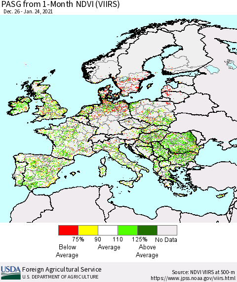Europe PASG from 1-Month NDVI (VIIRS) Thematic Map For 1/21/2021 - 1/31/2021