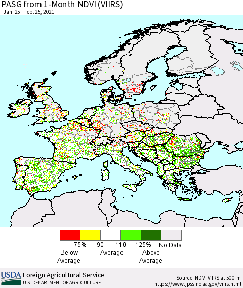 Europe PASG from 1-Month NDVI (VIIRS) Thematic Map For 2/21/2021 - 2/28/2021