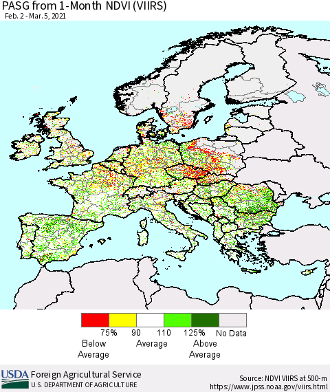 Europe PASG from 1-Month NDVI (VIIRS) Thematic Map For 3/1/2021 - 3/10/2021