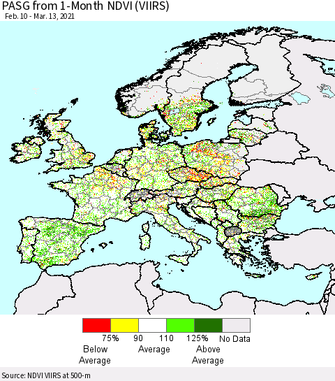 Europe PASG from 1-Month NDVI (VIIRS) Thematic Map For 3/6/2021 - 3/13/2021