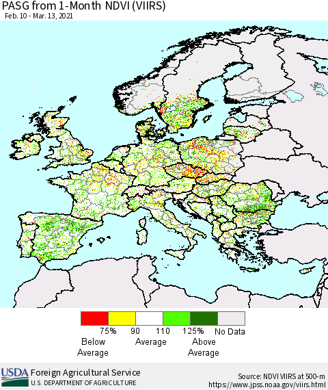 Europe PASG from 1-Month NDVI (VIIRS) Thematic Map For 3/11/2021 - 3/20/2021