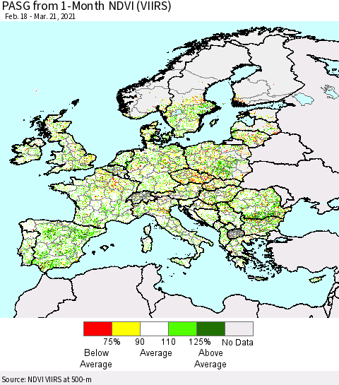 Europe PASG from 1-Month NDVI (VIIRS) Thematic Map For 3/14/2021 - 3/21/2021