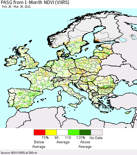 Europe PASG from 1-Month NDVI (VIIRS) Thematic Map For 3/22/2021 - 3/29/2021