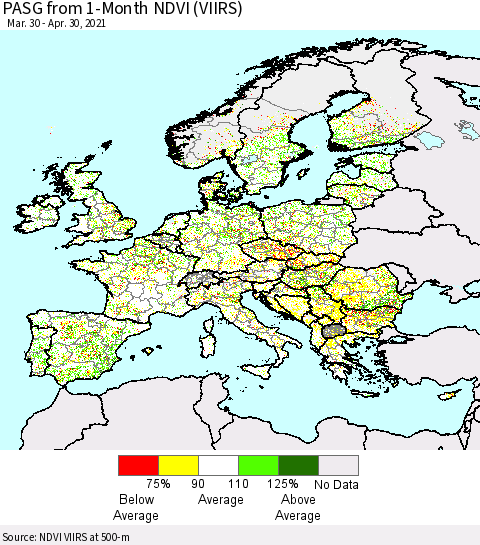 Europe PASG from 1-Month NDVI (VIIRS) Thematic Map For 4/21/2021 - 4/30/2021