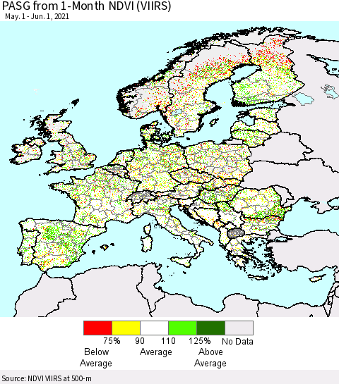 Europe PASG from 1-Month NDVI (VIIRS) Thematic Map For 5/25/2021 - 6/1/2021