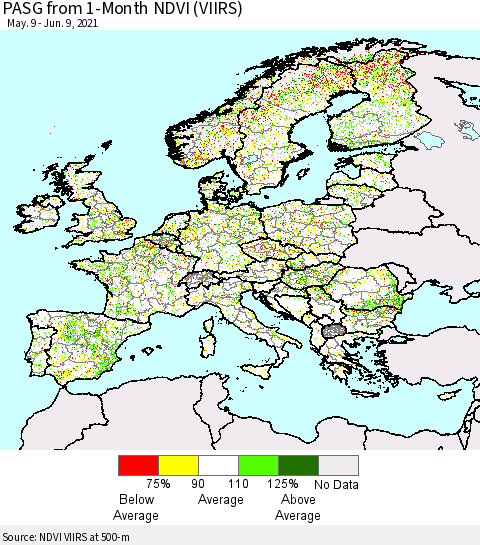 Europe PASG from 1-Month NDVI (VIIRS) Thematic Map For 6/2/2021 - 6/9/2021