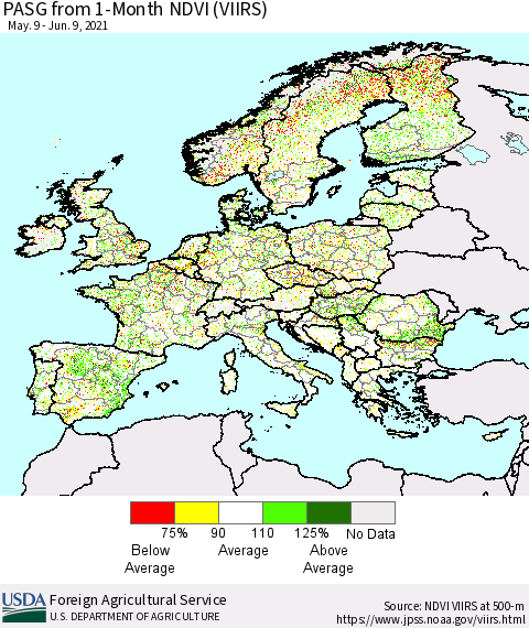 Europe PASG from 1-Month NDVI (VIIRS) Thematic Map For 6/1/2021 - 6/10/2021