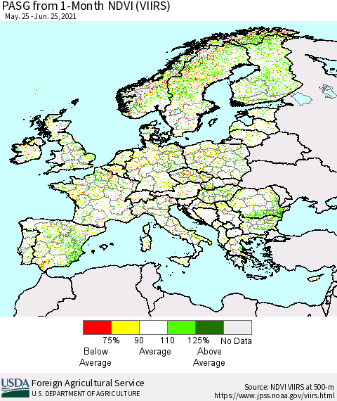 Europe PASG from 1-Month NDVI (VIIRS) Thematic Map For 6/21/2021 - 6/30/2021