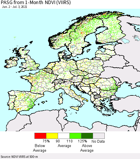 Europe PASG from 1-Month NDVI (VIIRS) Thematic Map For 6/26/2021 - 7/3/2021