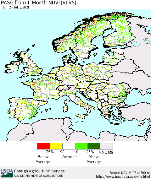 Europe PASG from 1-Month NDVI (VIIRS) Thematic Map For 7/1/2021 - 7/10/2021