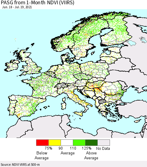 Europe PASG from 1-Month NDVI (VIIRS) Thematic Map For 7/12/2021 - 7/19/2021