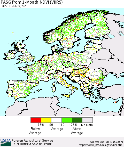 Europe PASG from 1-Month NDVI (VIIRS) Thematic Map For 7/11/2021 - 7/20/2021